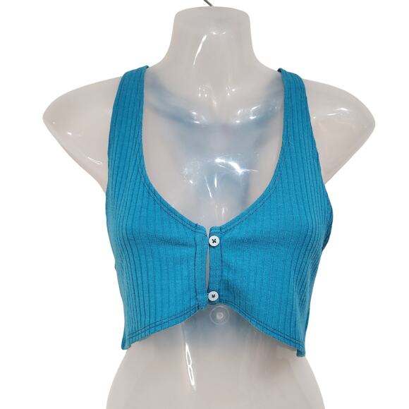 BDG Urban Outfitters Tank Top Racerback Ultra Cropped Blue Button Front Medium - Picture 1 of 8